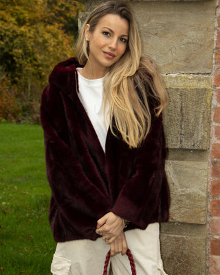 Florence Hooded Fur Coat 'Burgundy'