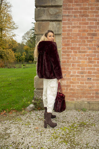 Florence Hooded Fur Coat 'Burgundy'