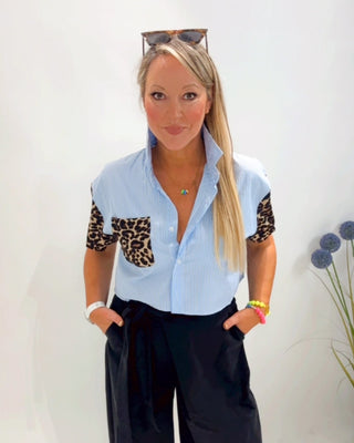 Melly Striped Cropped Shirt 'Blue/White/Leopard'