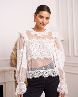 Dotty Long Sleeve Lace Top ‘White’