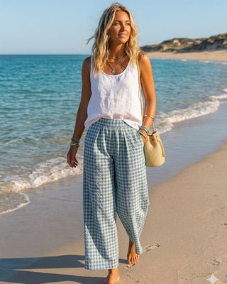 Electric Bloom Gingham Trousers 'Neon Green & Blue'