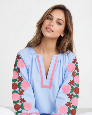 Daisy Cotton Embroidered Blouse 'Baby Blue & Pink'