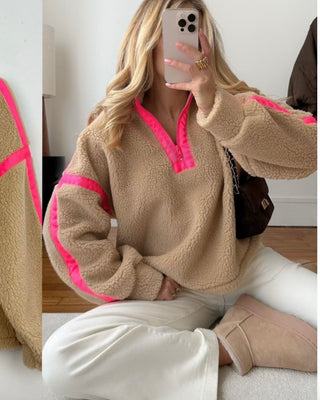 Jessica Fleece Quarter Zip ‘Biscuit/ Neon Pink Trim’