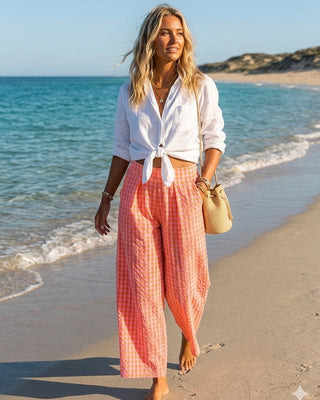 Electric Bloom Gingham Trousers 'Neon Orange & Pink'