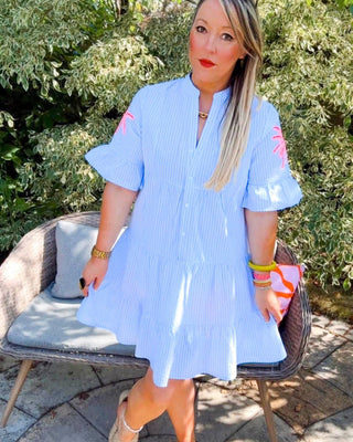 Sandy Stripe Neon Palm Dress 'Blue/White'