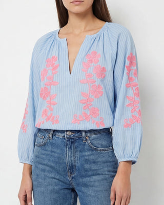 Peony Embroidered Shirt 'Baby Blue & Pink'