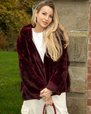 Florence Hooded Fur Coat 'Burgundy'