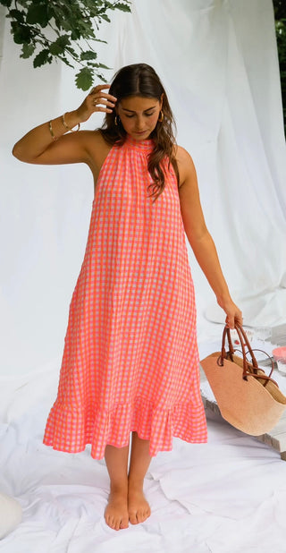 Cora Gingham Neon Dress 'Neon Orange & Pink'