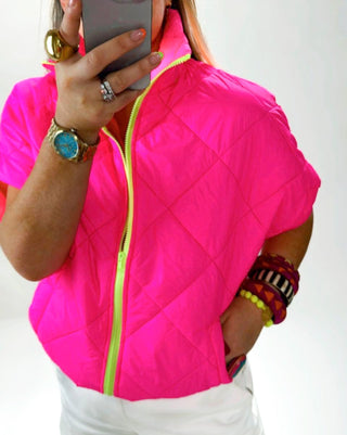 Carina Short Sleeved Quilted Bomber 'Neon pink'