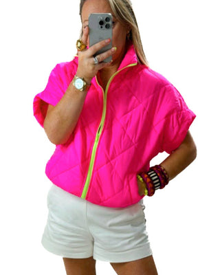 Carina Short Sleeved Quilted Bomber 'Neon pink'