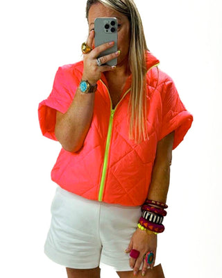 Carina Short Sleeved Quilted Bomber 'Neon Coral'