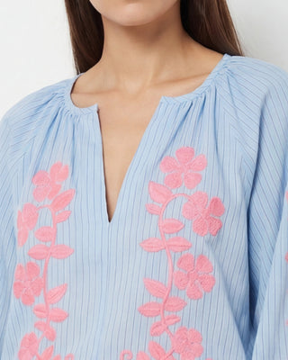 Peony Embroidered Shirt 'Baby Blue & Pink'
