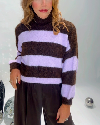Carol Striped Polo Neck Knit Jumper 'Pink & Brown'