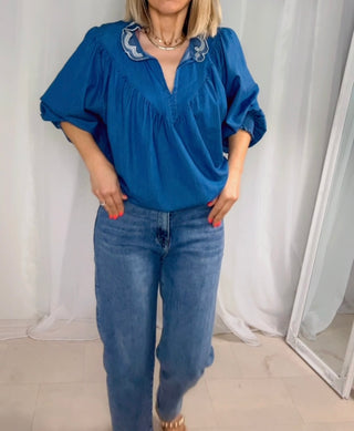 Denim Fiadh Frill Collar Blouse ‘Indigo’