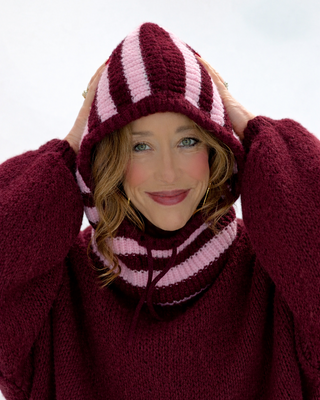 Hooded Striped Knit Accessory 'Wine & Baby Pink'