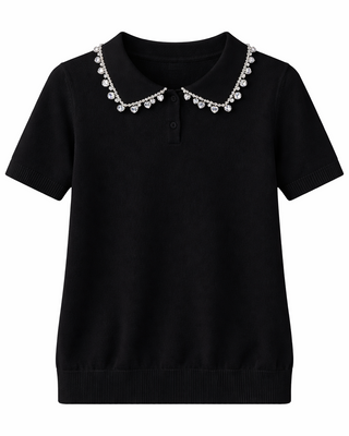 Syma Knitted Jersey Top, Embellished Collar 'Black'