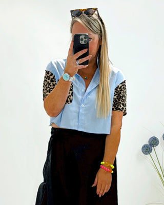 Melly Striped Cropped Shirt 'Blue/White/Leopard'
