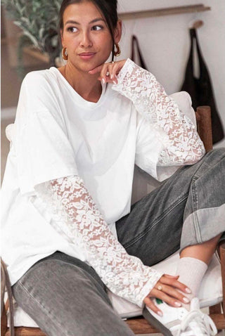 Tamara Cotton Lace Sleeved T-shirt ‘White’ pre order for next week