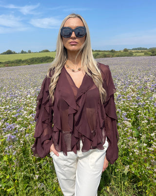 Florence Soft Frill Blouse 'Choco Brown'