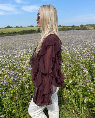 Florence Soft Frill Blouse 'Choco Brown'