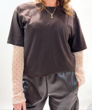 Gael Tulle Sleeves Top 'Brown & Cream'