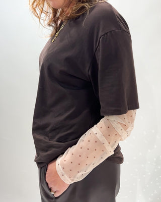 Gael Tulle Sleeves Top 'Brown & Cream'