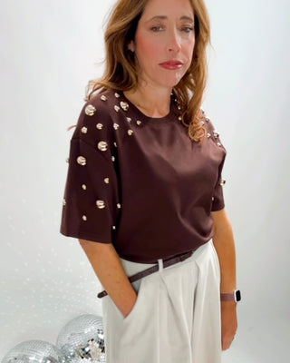 Mandy Gold Studs T-Shirt 'Brown'