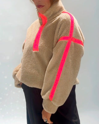 Jessica Fleece Quarter Zip ‘Biscuit/ Neon Pink Trim’