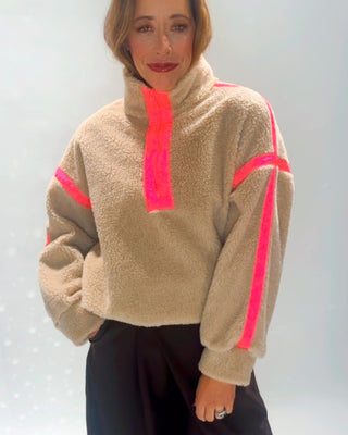 Jessica Fleece Quarter Zip ‘Biscuit/ Neon Pink Trim’