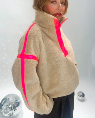 Jessica Fleece Quarter Zip ‘Biscuit/ Neon Pink Trim’