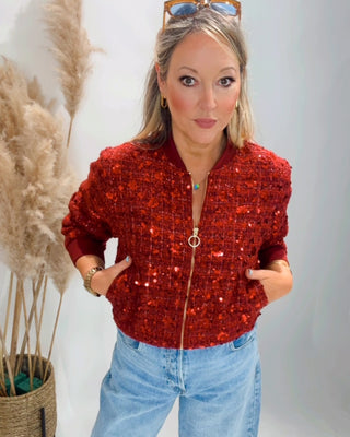 Akari Sequin Bomber Jacket 'Crimson Red'