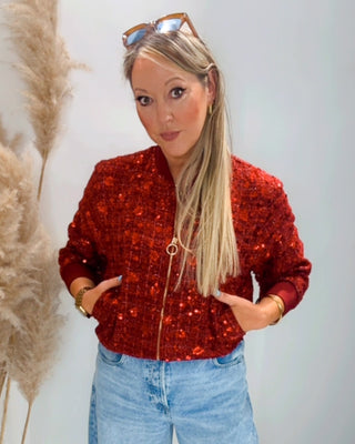Akari Sequin Bomber Jacket 'Crimson Red'