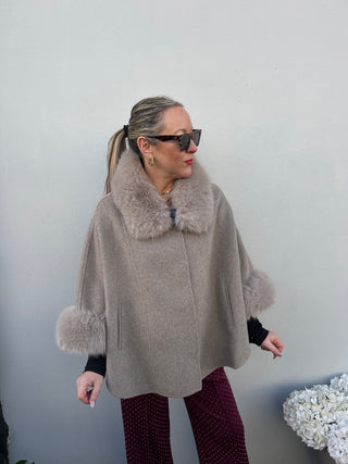 Lana Wool Cape Coat with Fur 'Beige'