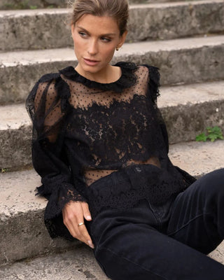 Dotty Long Sleeve Lace Top ‘Black’