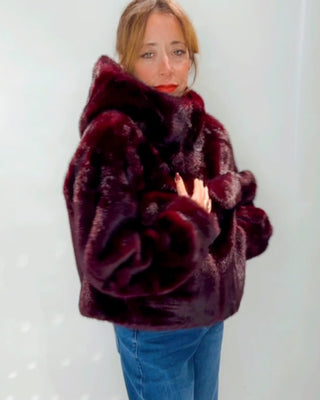 Mel Hooded Fur Coat 'Burgundy'