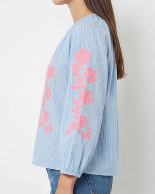 Peony Embroidered Shirt 'Baby Blue & Pink'