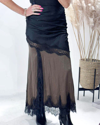 Claudia Satin & Lace Skirt 'Brown & Black'