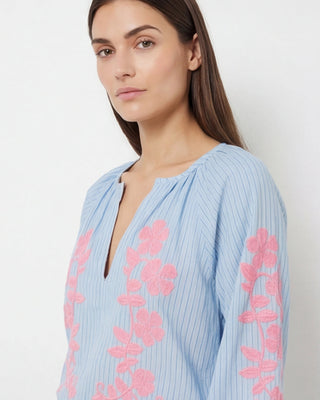 Peony Embroidered Shirt 'Baby Blue & Pink'