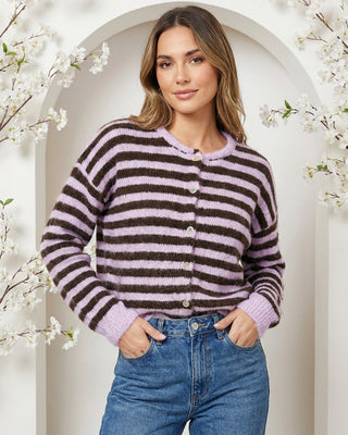 Millie Wool Striped Cardigan 'Lilac & Brown'