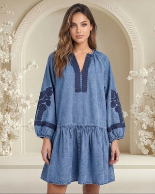 Joy Cotton Embroidered Dress 'Denim'