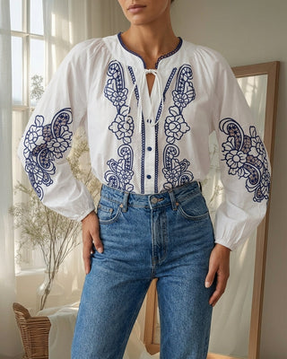 Ronda Embroidered Blouse 'White & Navy'