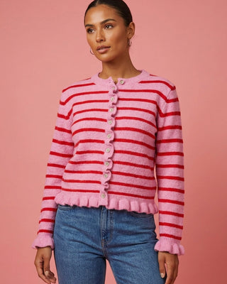 Hazel Wool Knit Cardigan 'Baby Pink & Red'