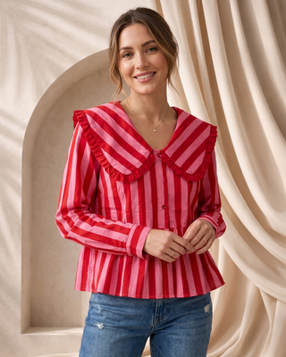 Aria Lapel Striped Top 'Pink & Red'