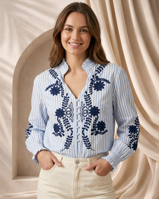 Emily Embroidered Striped Blouse 'Blue & Navy'