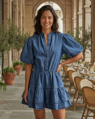Anna Puff Sleeves Dress 'Classic Denim'