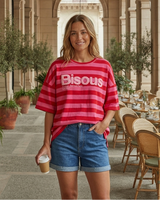 Bisous Oversized Striped T-Shirt 'Red & Pink'