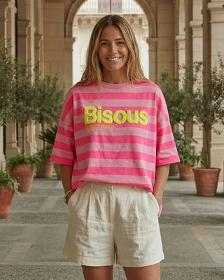 Bisous Oversized Striped T-Shirt 'Neon Pink/Neon'