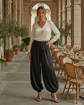 Jasmine Balloon Leg Silk Trousers 'Black'