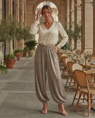 Jasmine Balloon Leg Silk Trousers 'Beige'