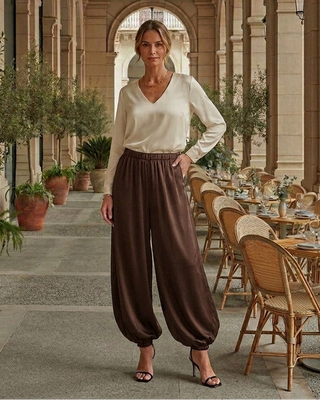 Jasmine Balloon Leg Silk Trousers 'Choco Brown'
